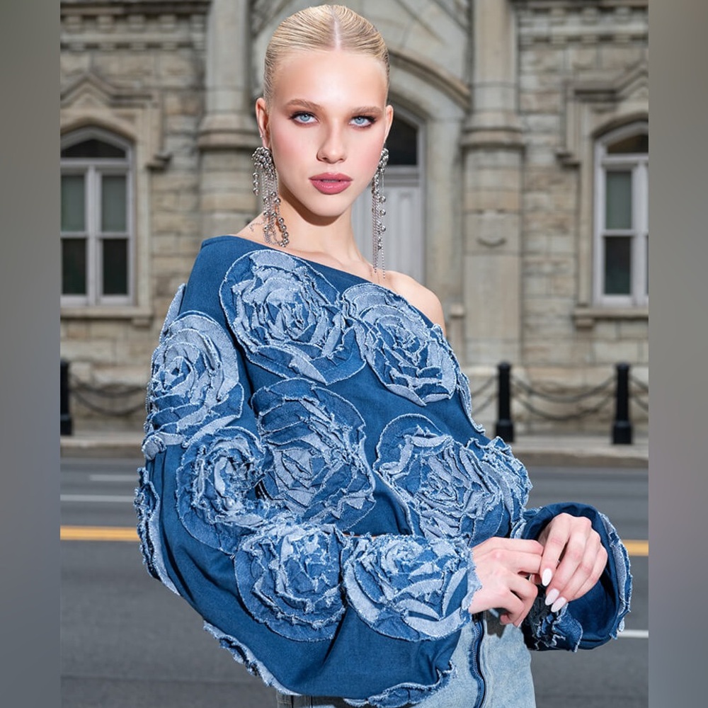 Embroidered Blue Rose One-Shoulder Denim Top